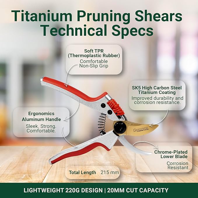 Gardeness Titanium Bypass Pruning Shears- SK5 Steel Garden Clippers For Gardening, Florist cutters-Floral Secateurs with Soft Comfort Grip Handles for Trimming Flowers, Branches, Shrubs and Plants