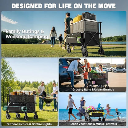 Folding Wagon Cart Foldable with Wheels, Adjustable Decker 150L-300L Capacity, All-Terrain Wheels & Brake, 450LBS Heavy Duty Collapsible Wagon for Beach, Camping, Outdoor