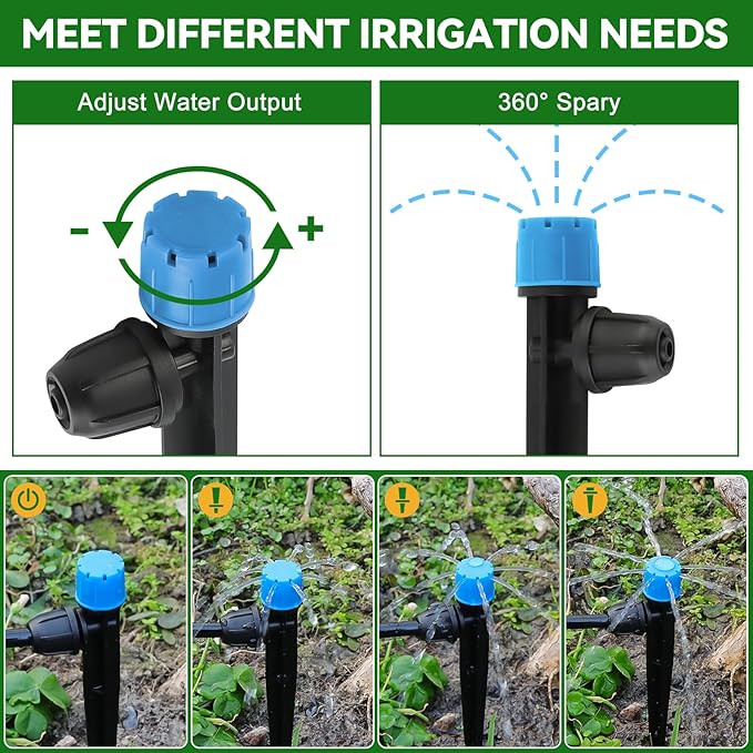 50PCS 1/4” Drip Irrigation Drippers with Lock, Kalolary Drip Irrigation Emitters for 4/7mm Tube, Adjustable 360 Degree 8 Holes Water Flow Sprayer Micro Spray Drip System Parts for Lawn Yard (Blue)