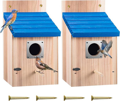 Dreyoo 2 Pack Cedar Bluebird Box Houses for Outside, 1-1/2'' Entrance Hole Wooden Bird Houses with Metal Guard, Secure Latch, Fledgling Grooves, Air Vents for Bluebird Wren Swallow