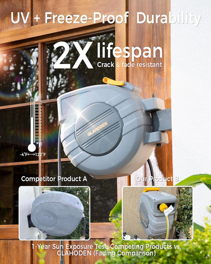 GLAHODEN Retractable Garden Hose Reel 1/2 in x 115 ft, 2025 Upgraded Dual Ratchet Lock UV & Freeze Protection Brass Seal Slow Retraction Anti-Tangle Hose 180°Swivel Reinforced Scaffold Wall Mount