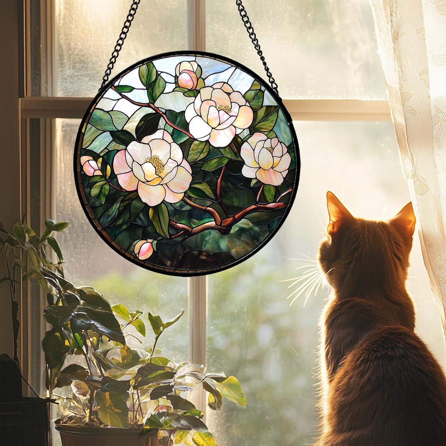 Stained Glass Suncatcher, Light Pink Flowers Green Leaf Sun Catcher Plant Stain Glass Window Hanging Decoration Mother's Day Birthday Gifts for Women Men Mom Nana 6.3 in