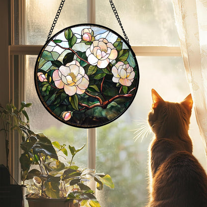 Stained Glass Suncatcher, Light Pink Flowers Green Leaf Sun Catcher Plant Stain Glass Window Hanging Decoration Mother's Day Birthday Gifts for Women Men Mom Nana 6.3 in