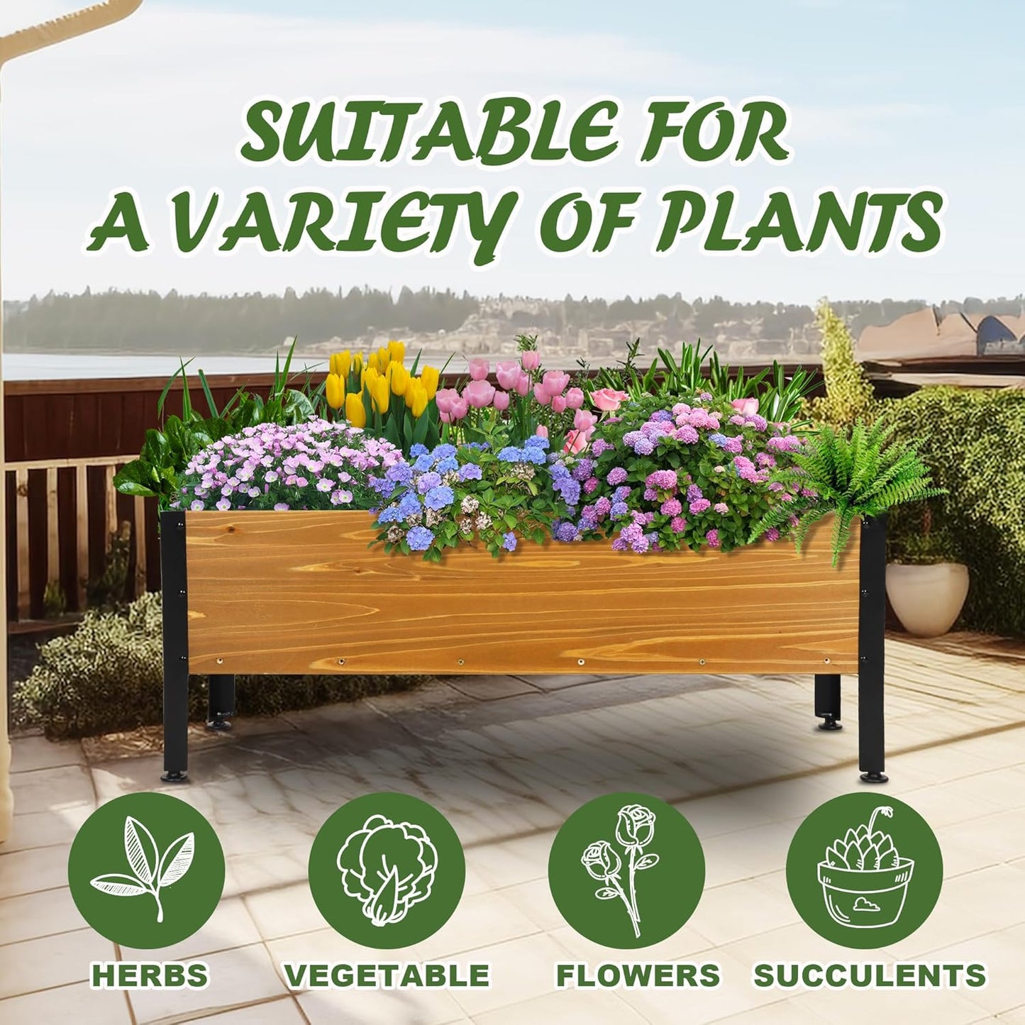 Wood Rectangular Garden Planter Box Raised Bed Outdoor,Planters for Outdoor Plants 37x13x15in Elevated Herbs Vegetables Flowers Great Patio Deck Balcony (37x13x15in Brown)