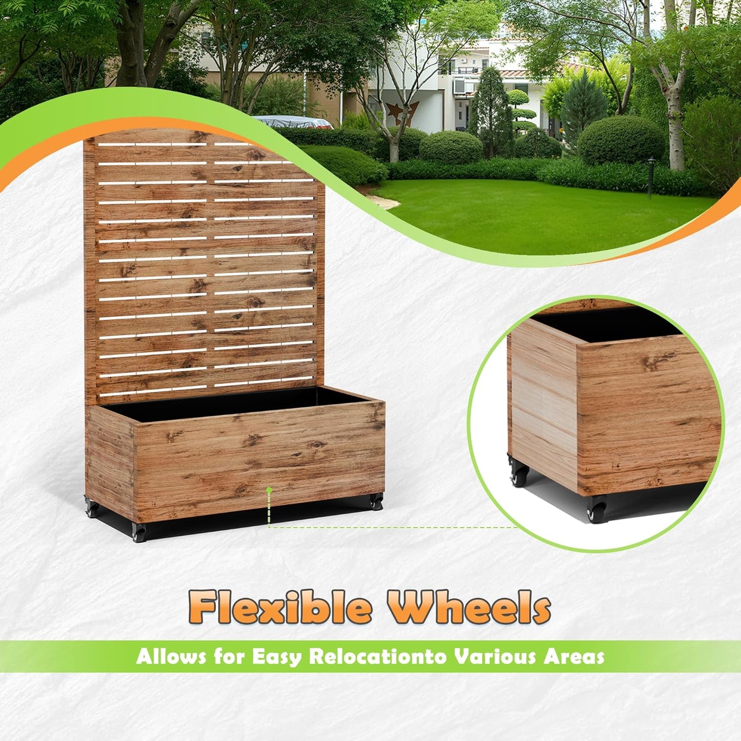 Metal Raised Garden Bed with Trellis, 2-in-1 Planter Box & Privacy Screen for Climbing Plants, Outdoor Standing Flower Bed with Drainage Holes, 35.4" L x 15.7" W x 70.1" H, Natural Wood Grain