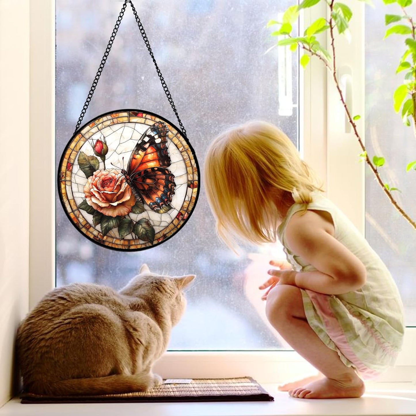 Stained Glass Window Hanging, Butterfly Picking Flowers Suncatcher for Doors Home Sun Catchers Decoration and Christmas, Mother's Day Birthday Gifts for Women, Men, and Mom 6.3 in