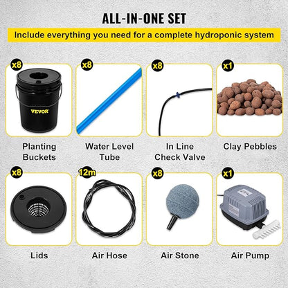 VEVOR DWC Hydroponic System, 5 Gallon 8 Buckets, Deep Water Culture Growing Bucket, Hydroponics Grow Kit with Pump, Air Stone and Water Level Device, for Indoor/Outdoor Leafy Vegetables