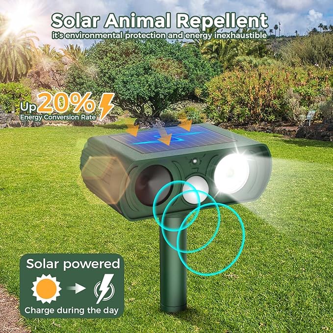 Upgraded Solar Ultrasonic Animal Repellent Outdoor, Deer Repellent Devices Motion Detection, Waterproof Cat Squirrel Skunk Raccoon Dog Bird Deterrent with Flash Lights for Yard Farm Garden Patio