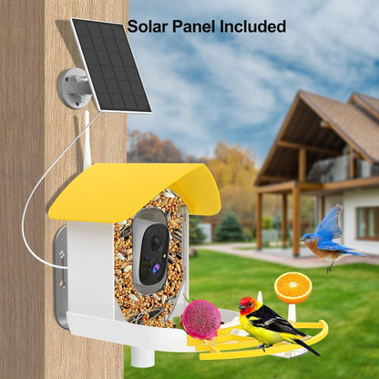 Smart Bird Feeder with Camera, Birds AI Identify, Motion Detection with Real-Time Notice, WiFi FHD Bird Camera, Auto Capture, Solar Powered Outdoor Charging Bird House, IP65 Waterproof,Yellow