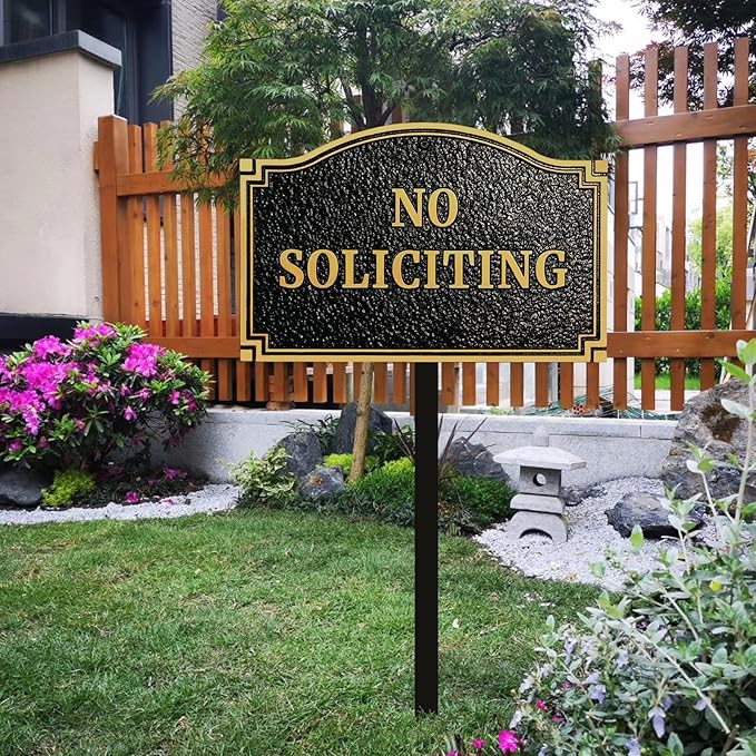 No Soliciting Statement Plaque, Solid Metal Cast Yard Sign, Thick and Sturdy Material, Embossed Letters, 11.5” x 7.5" Heavy Duty Sign with 31.5" Stakes and Upgraded Stainless Screws