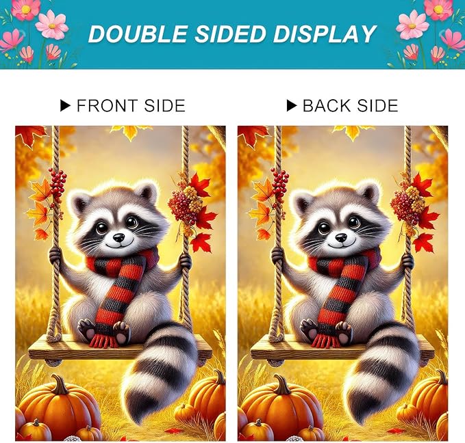 Thanksgiving Fall Garden Flag 12x18 Inch Welcome Raccoon Outdoor Flag Double Sided Autumn Yard Banner with Swing Pumpkins and Leaves for Porch Lawn Patio Seasonal Decor