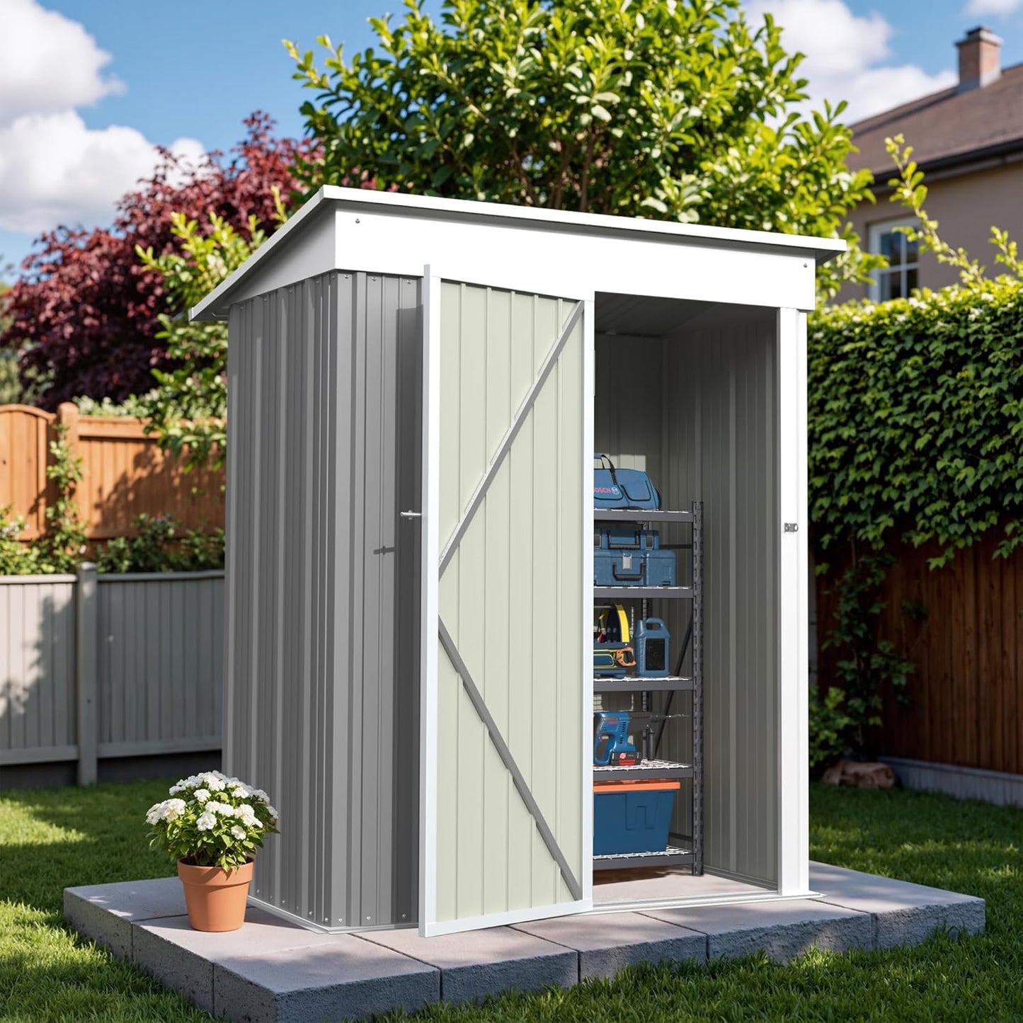 Greesum 5x3FT Outdoor Storage Shed, Utility Tool Shed Metal Storage Garden Shed with Door & Lock for Patio Storage, Gray