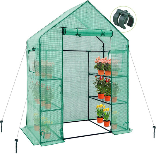 EAGLE PEAK Walk in 3-Tier Greenhouse with Wire Shelves, Portable Indoor and Outdoor Green House with Roll-Up Zippered Door & 2 Roll Up Side Windows, 4 Shelves, 61"x28"x79", Clear/Green PE Cover