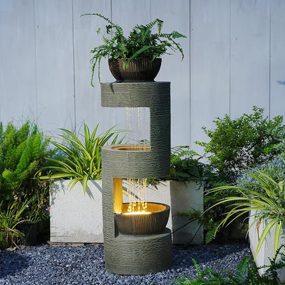 37.8" Outdoor Fountain with Waterfall & LED Lights, Freestanding Garden Water Fountain for Patio/Backyard, Resin Tiered Fountain with Pump