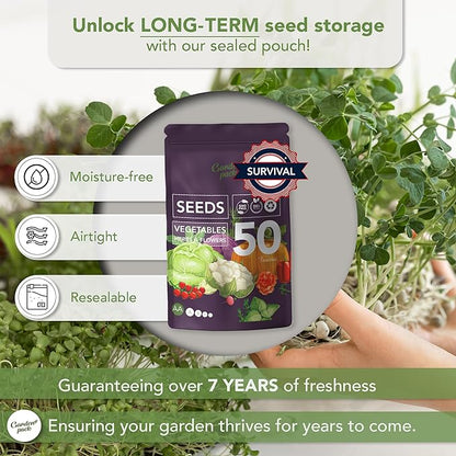 Garden Pack Seeds Pouch - 50 Varieties of Herb, Flower & Vegetable Seeds for Planting - 25,000 Non GMO Heirloom Seeds - Garden Seeds for Vegetable Garden