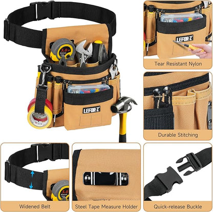 Tool Belt,Magnetic Tool Pouch,14-Pockets Tool Belts for Men,Detachable & Adjustable Tool Pouch belt for Electrician,Carpenter,Construction,Work Apron,Utility Belt,Black-Brown