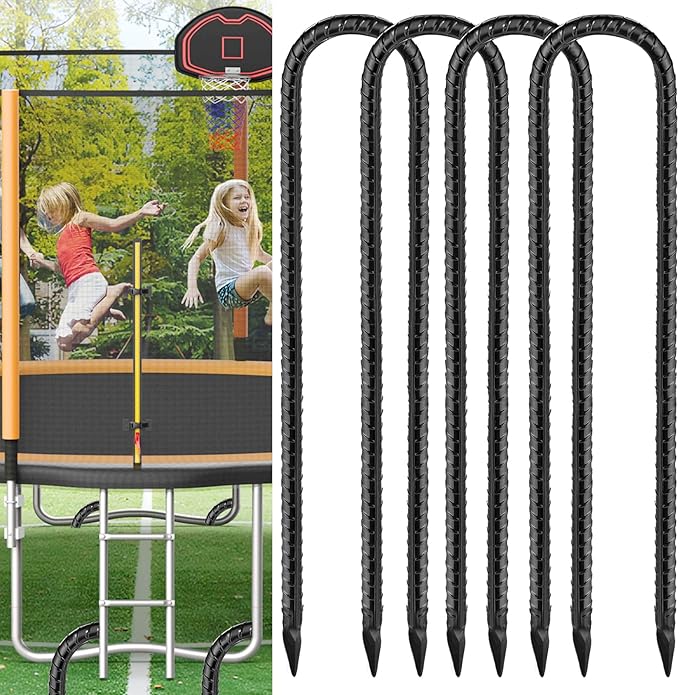 Black Trampoline Stakes Anchors High Wind 16inx10mm Galvanized U Hook 4pcs Rebar Stakes – Heavy Duty Ground Anchors for Trampoline,Yard & Inflatable,Landscape Metal Stakes for Outdoor Decorations