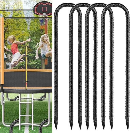 Black Trampoline Stakes Anchors High Wind 16inx10mm Galvanized U Hook 4pcs Rebar Stakes – Heavy Duty Ground Anchors for Trampoline,Yard & Inflatable,Landscape Metal Stakes for Outdoor Decorations