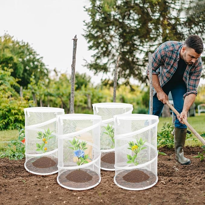 Pop up Plant Cover Net, 4 Pack White Round Foldable Net Cover to Prevent Animal Damage, Garden Plant Protection Cover with Stakes for Outdoor Plants