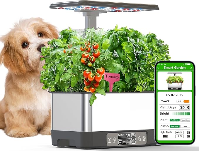 Hydroponics Growing System Indoor Garden, Smart Indoor Herb Garden with Grow Light, in Door Gardening System 6 Pods, APP & WiFi Control, Auto Timer, Quiet Pump, Stainless, Gift for Women Mom, Gray