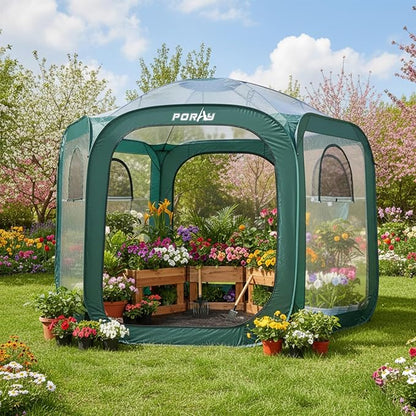 Porayhut Pop up Greenhouse Tent,Portable Large Walk-in Plant House 10’X10’ ,Indoor Outdoor Gardening Plant Sunshine Room with PVC Mesh Cloth Cover for Protecting Plant from Cold Frost & Birds