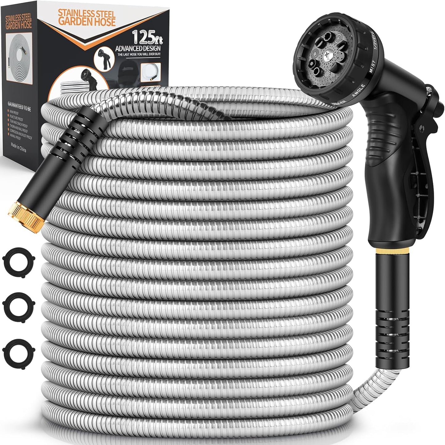 Garden Hose Metal 125FT, Stainless Steel Heavy Duty Water Hose With 10 Function Nozzle, No-Kink, Tough & Flexible, Sturdy and Lightweight, Rust Proof for Yard, Outdoor, RV