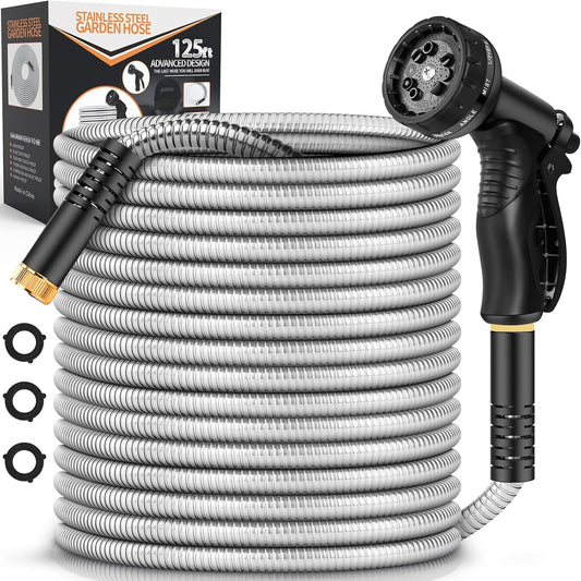 Garden Hose Metal 125FT, Stainless Steel Heavy Duty Water Hose With 10 Function Nozzle, No-Kink, Tough & Flexible, Sturdy and Lightweight, Rust Proof for Yard, Outdoor, RV