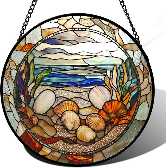 Stained Glass Window Hanging Conch Shells Ocean Seaweed 7.8" - Suncatcher Door Garden Sunroom Sun Catcher Home Decor Housewarming Birthday for Mom Grandma Men Woman