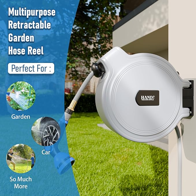 USA Based Retractable Garden Hose Reel, 1/2 in x 50 ft Quick Connect 10-Pattern Sprayer, Wall Mounted Auto Self Retracting Water Hose Reels, UV Resistant Automatic Rewind 180° Mount | Gray