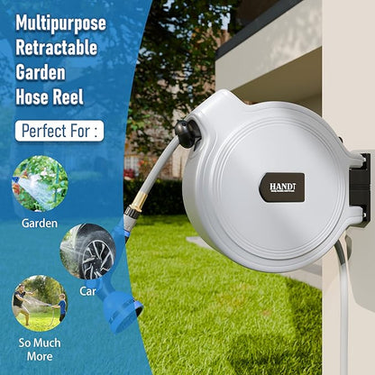 USA Based Retractable Garden Hose Reel, 1/2 in x 50 ft Quick Connect 10-Pattern Sprayer, Wall Mounted Auto Self Retracting Water Hose Reels, UV Resistant Automatic Rewind 180° Mount | Gray