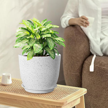 9/8/7.5 inch Flower Pots, Set of 3 Modern Decorative Plastic Planters with Drainage Holes and Saucers for Garden House Plants, Plant Pots for Indoor Outdoor Plants, Speckled White
