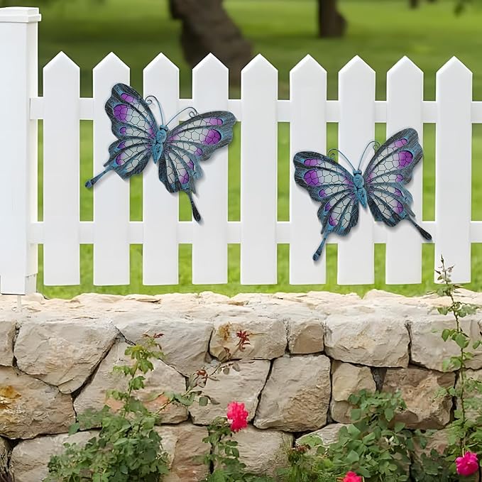 POXOHO Metal Butterfly Wall Decor - Purple Mosaic Glass Art Sculpture with Metal Frame, 11 Inch Hanging Garden Ornaments for Outdoor Fence, Patio Yard, Indoor Bedroom & Living Room Home Decoration
