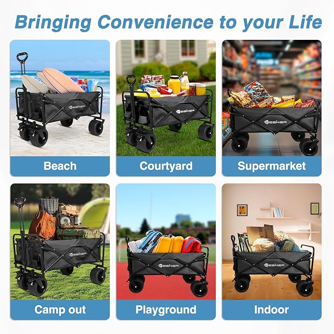 Yesker Foldable Wagon - 300lbs Collapsible Garden Carts with All Terrain Wheels for Outdoor Camping Sports Shopping Gardening - Heavy Duty Portable Utility Trolley (Black)