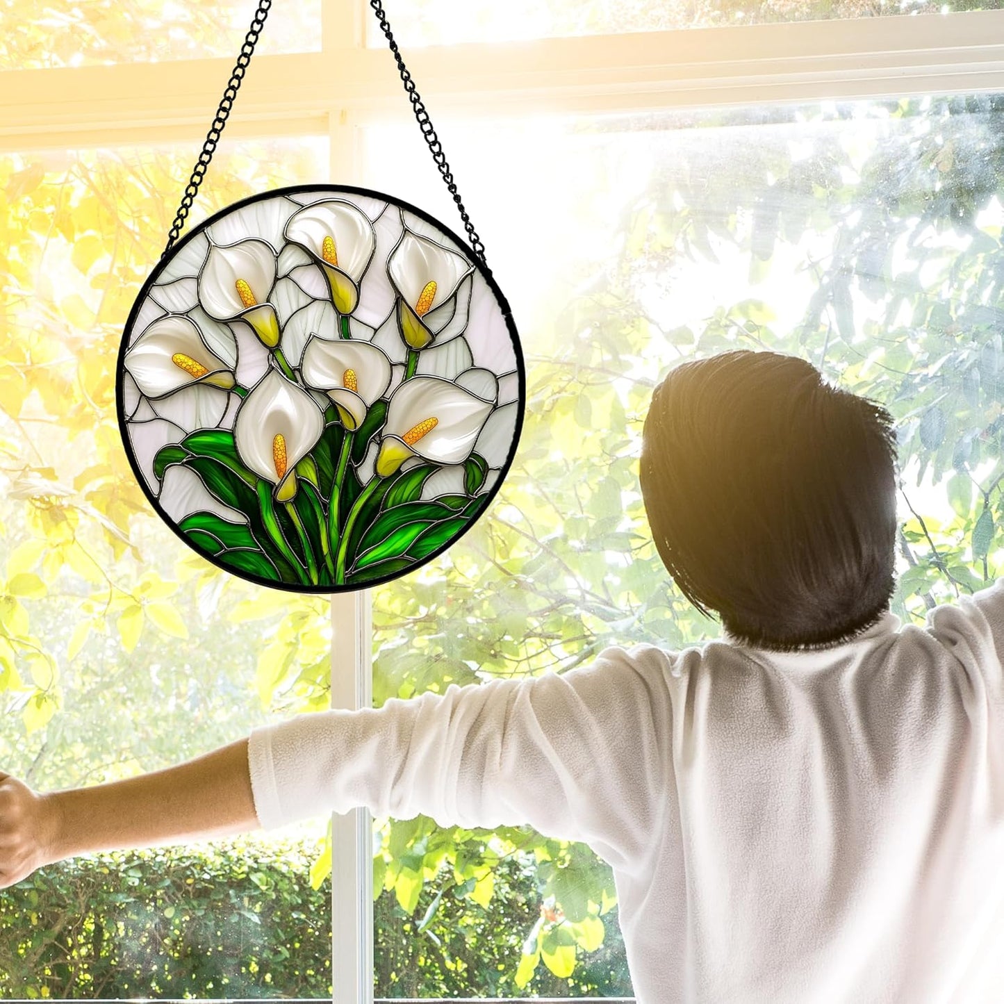 Stained Glass Window Hanging, White Calla Lily Suncatcher Diamond Glass Panel Hangings Flowers Sun Catchers Decor for Birthday for Women, Men, Wife, Aunt, and Mom 7.8 in