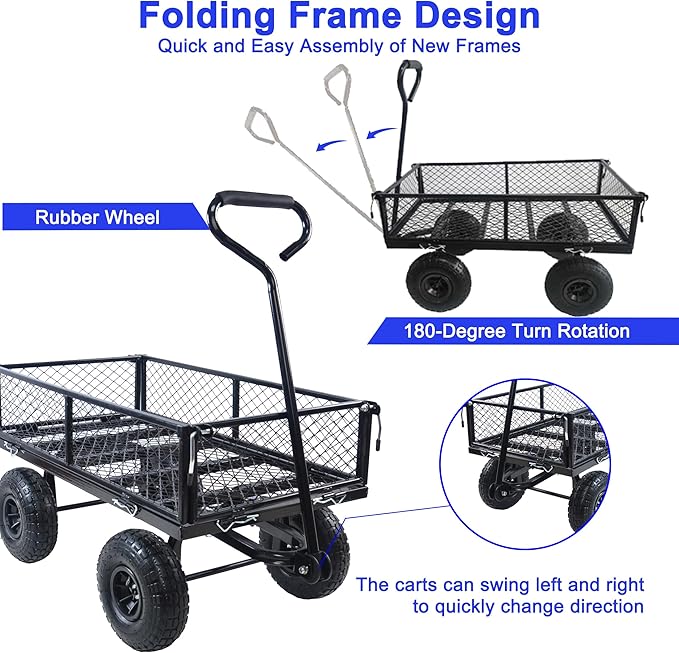 Wagon With Removable Sides for Farms, Warehouses - Garden Dump Cart With Air Wheels (Black) - Essential for Your Dream Garden