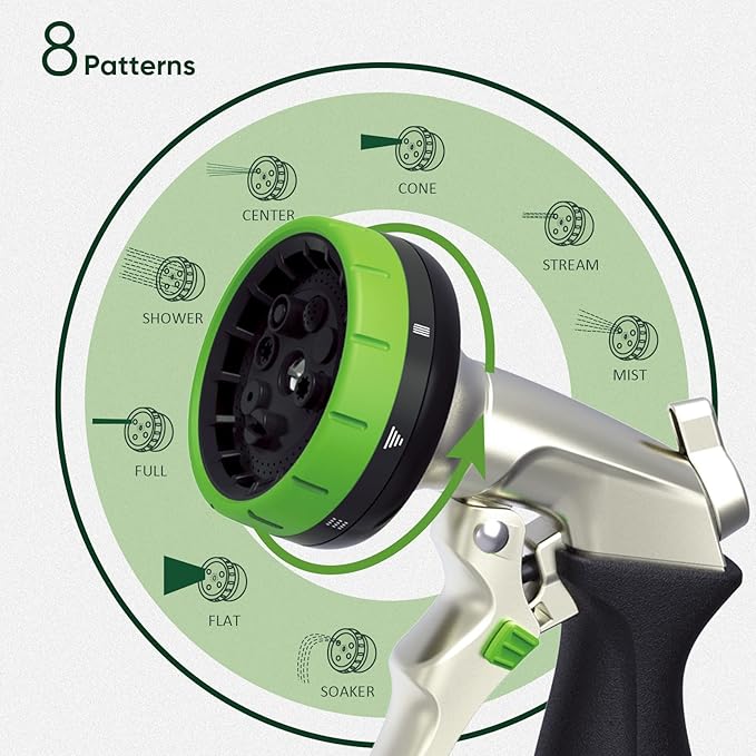 Garden Hose Nozzle,Metal Spray Nozzles with 8 Adjustable Watering Patterns,Heavy Duty Labor-Saving Design Water Hose Nozzle with Flow Control For Outdoors Lawn Watering Car Washing