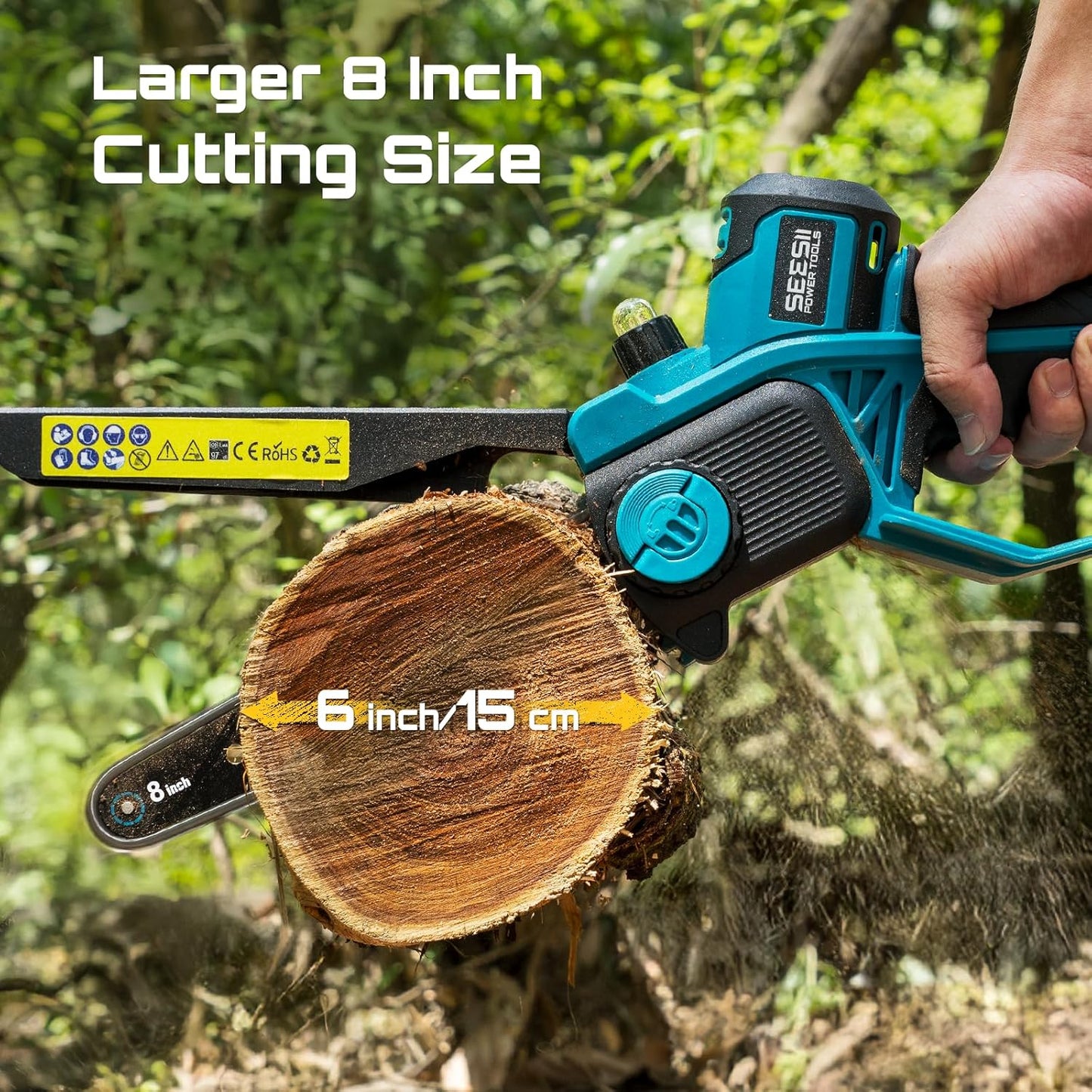 SEESII 8-Inch Cordless Mini Chainsaw, 2025 Upgraded Brushless Motor, Electric Chainsaw with 2×4000mAh Batteries, Tool-Free Chain Tension & Oiler, Handheld Saw for Fast Tree Branch Cutting（M8 Boost）