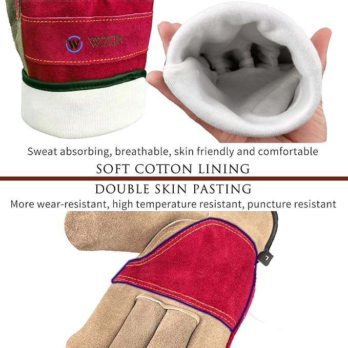 Leather Work Gloves for Women, Medium Glove for Gardening, Tig/Mig Welding, Construction, Chainsaw, Farm, Ranch, etc. Cowhide, Cotton Lined, Utility, Firm Grip, Durable. Rose Red - Grey M