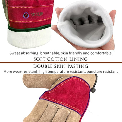 Leather Work Gloves for Women, Medium Glove for Gardening, Tig/Mig Welding, Construction, Chainsaw, Farm, Ranch, etc. Cowhide, Cotton Lined, Utility, Firm Grip, Durable. Rose Red - Grey M