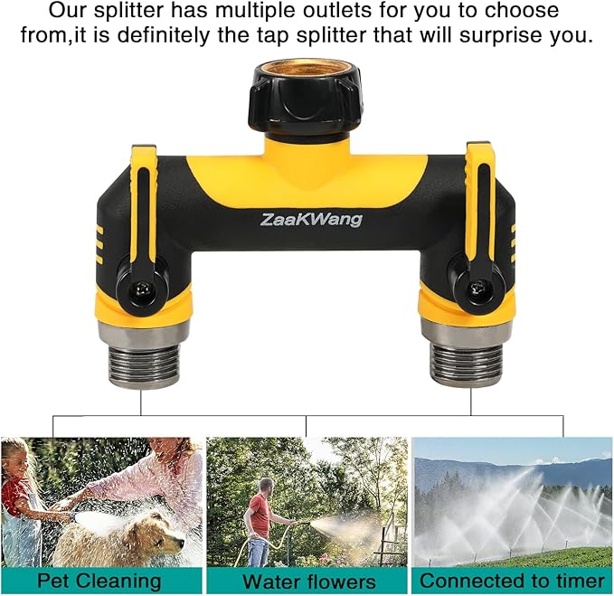 Full Flow Heavy Duty Two - Way Hose Splitter, Rugged Garden Faucet Adapter, Spout Diverter T - Way Adapter with Extended Handle, 3/4” GHT Thread, Yellow