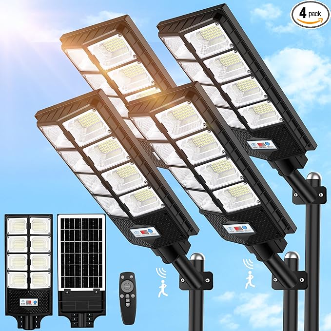 VUAA 4 Pack Solar Street Lights Outdoor Waterproof, 10000LM 448 LEDs LED Parking Lot Lights Dusk to Dawn, Solar Flood Light with Motion Sensor and Remote Control for Area Lighting Yard, 6500K