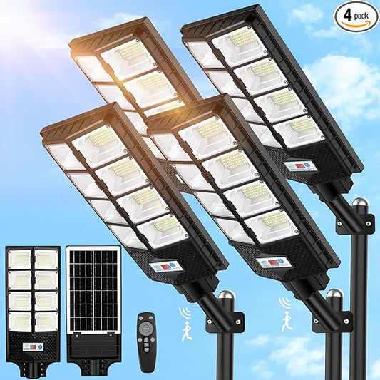 VUAA 4 Pack Solar Street Lights Outdoor Waterproof, 10000LM 448 LEDs LED Parking Lot Lights Dusk to Dawn, Solar Flood Light with Motion Sensor and Remote Control for Area Lighting Yard, 6500K