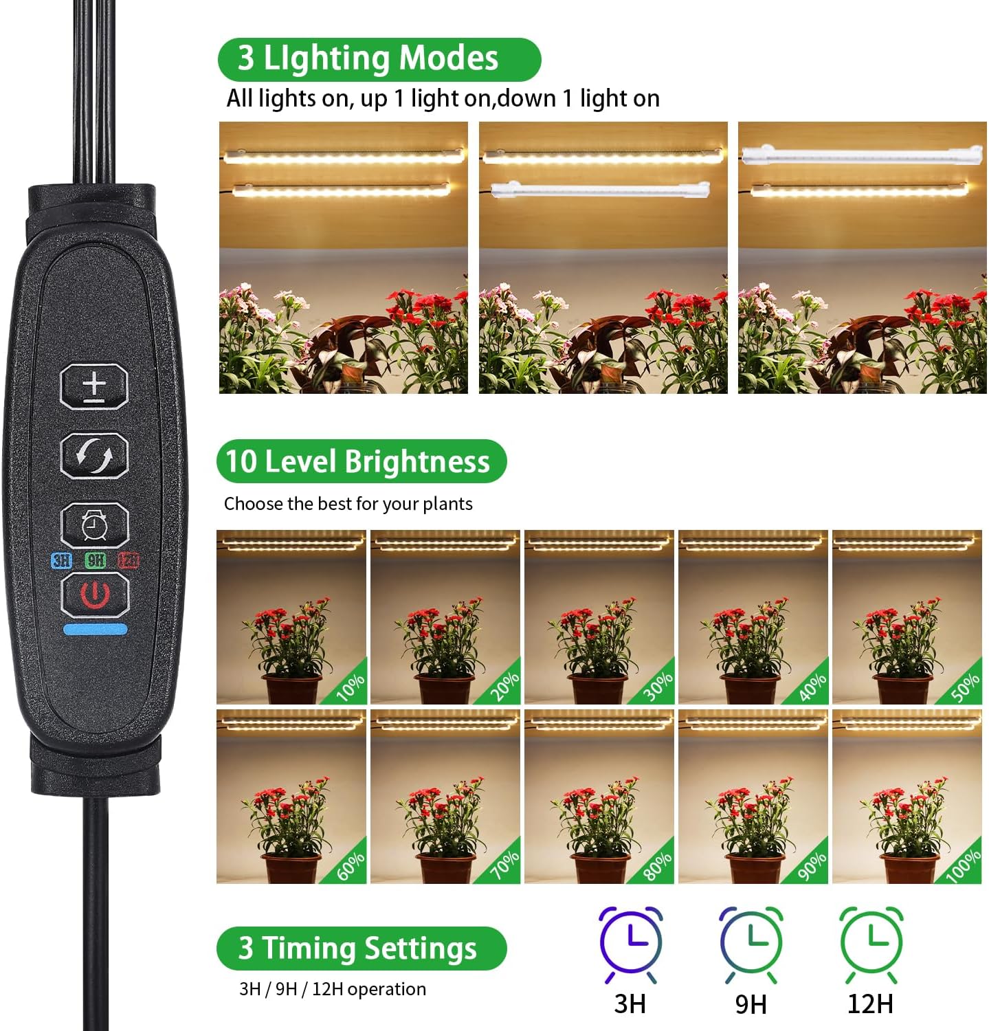 8.6'' Mini LED Grow Light Strips, Full Spectrum 3000K, 52 LED Plant Light with 3/9/12H Timer, 10 Dimmable Levels for Seedling, Succulent and Plant Shelf, 2 Head