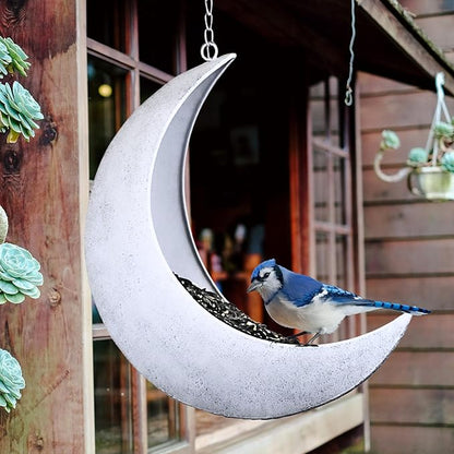 Hanging Moon Bird Feeder – Unique Metal Bird Feeders for Outdoors, Rustic White, Rust-Resistant, Drain Holes – Wild Bird Feeder for Bluebirds, Cardinals, Finches, and Backyard Birdwatching