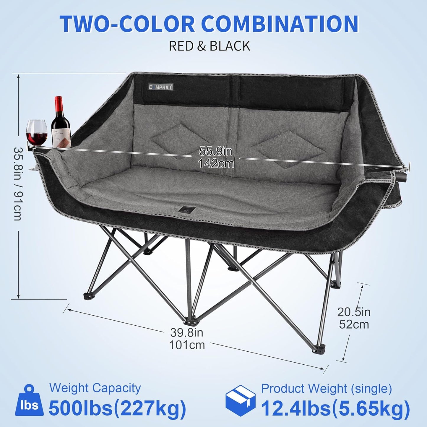 Oversized Double Camping Chair-Heavy Duty 2 Person Folding Loveseat Camp Couch for Adults,Portable Outdoor Lawn Chairs with Padded Seat for Fishing,Sports and Patio,Supports 500 LBS,Black