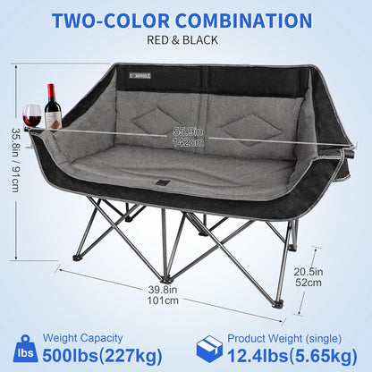 Oversized Double Camping Chair-Heavy Duty 2 Person Folding Loveseat Camp Couch for Adults,Portable Outdoor Lawn Chairs with Padded Seat for Fishing,Sports and Patio,Supports 500 LBS,Black