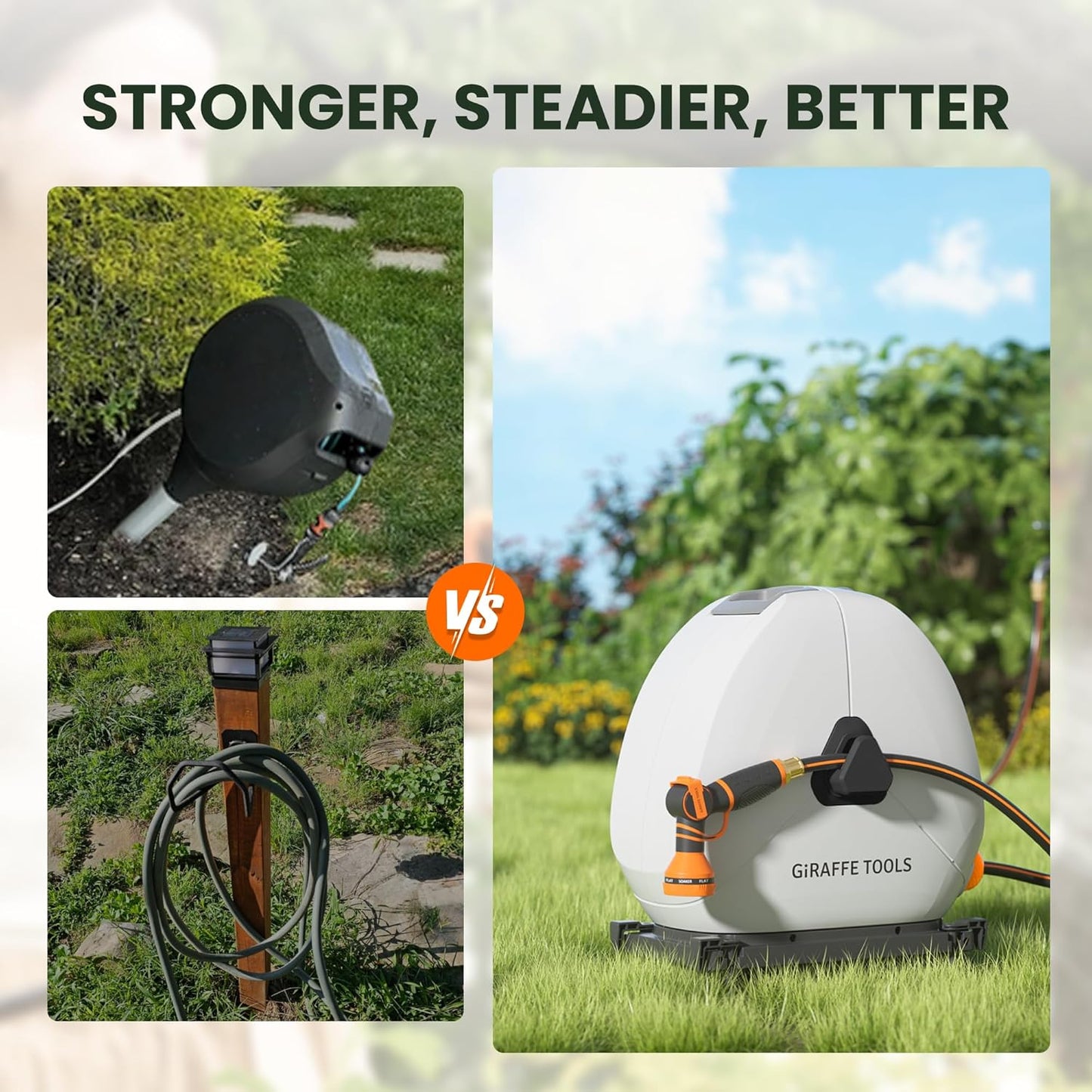 Giraffe Tools Heavy Duty Retractable Hose Reel, 5/8" x 92FT Automatic Rewind Garden Hose Reel with 360° Swivel Base, Ground Mounted for Lawn, Patio, Concrete Floor & Yard Watering