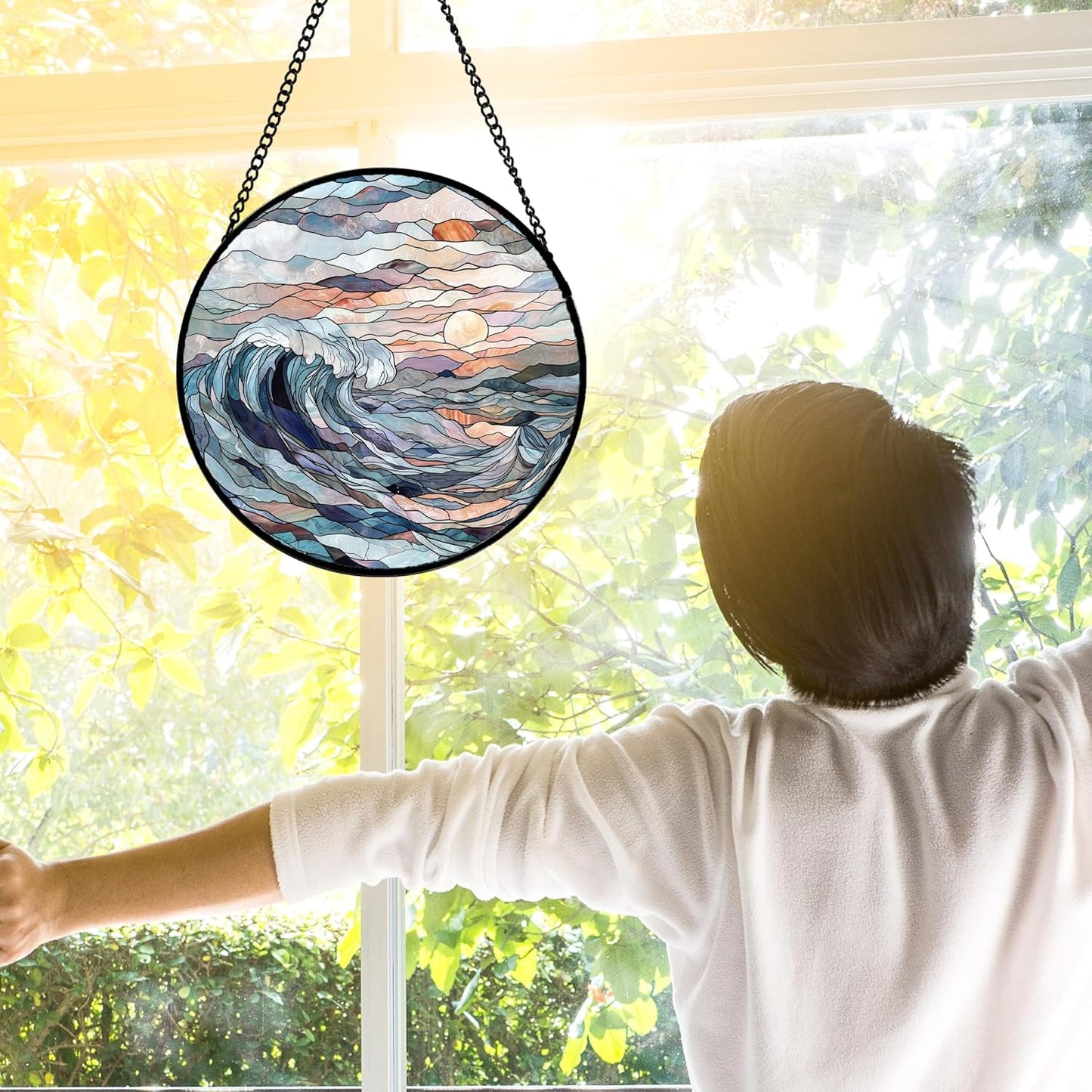 Stained Glass Window Hanging, Sunrise Waves Sun Catchers Diamond Glass Panel Hangings Abstract Suncatcher Decor for Birthday for Women, Men, Wife, Aunt, and Mom 7.8 in
