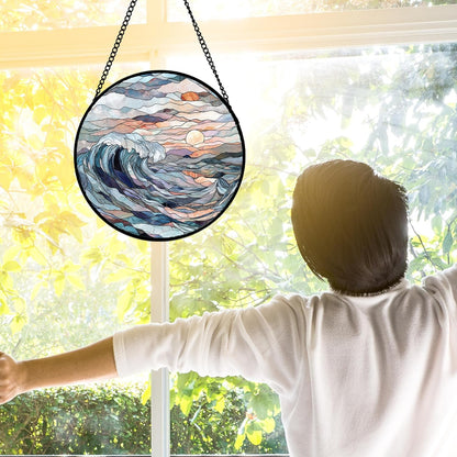 Stained Glass Window Hanging, Sunrise Waves Sun Catchers Diamond Glass Panel Hangings Abstract Suncatcher Decor for Birthday for Women, Men, Wife, Aunt, and Mom 7.8 in