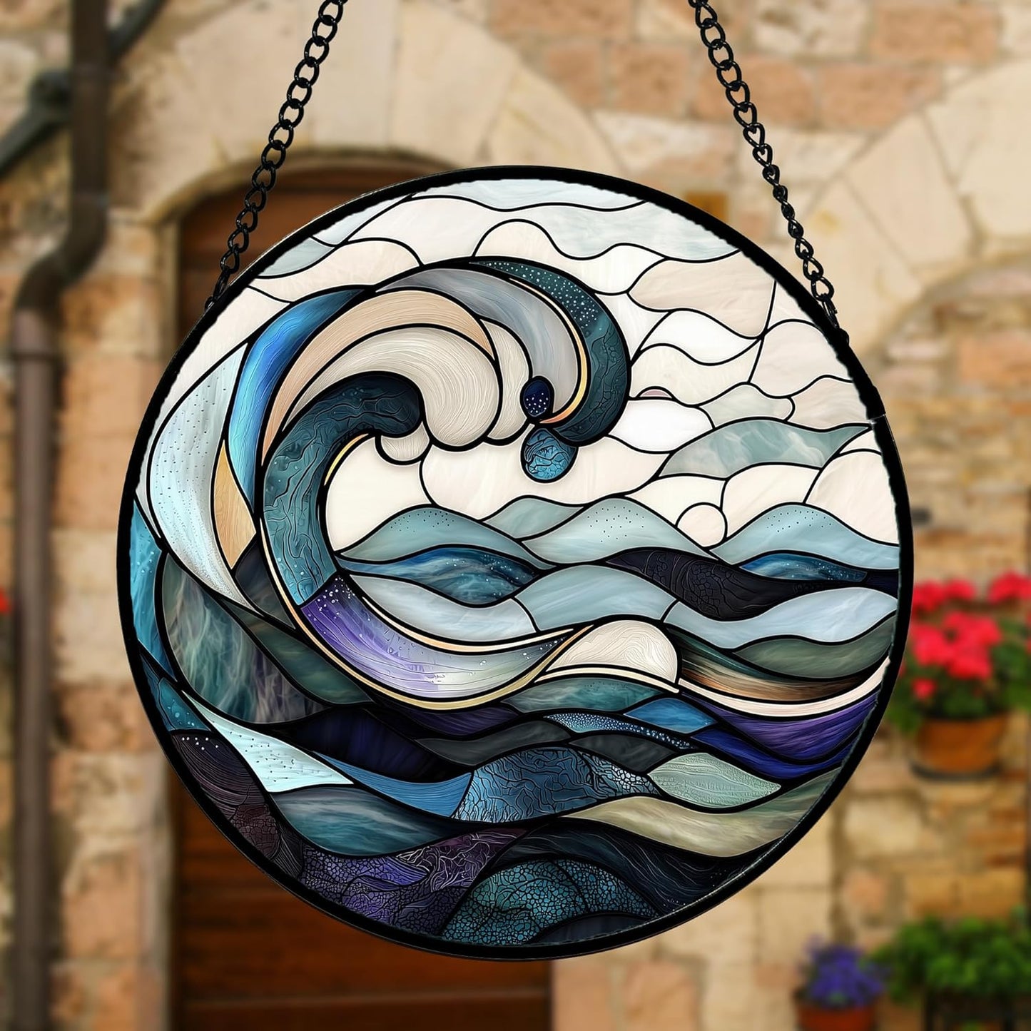 Stained Glass Window Hanging, Ocean Waves Sun Catchers Diamond Glass Panel Hangings Abstract Suncatcher Decor for Birthday for Women, Men, Wife, Aunt, and Mom 6.3 in